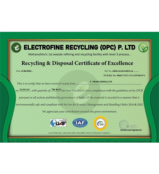 Recycling & Disposal Certificate of Excellence